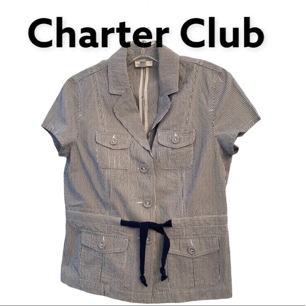 Charter Club Searsucker Capsleeve navy & White Cotton Utility Top S